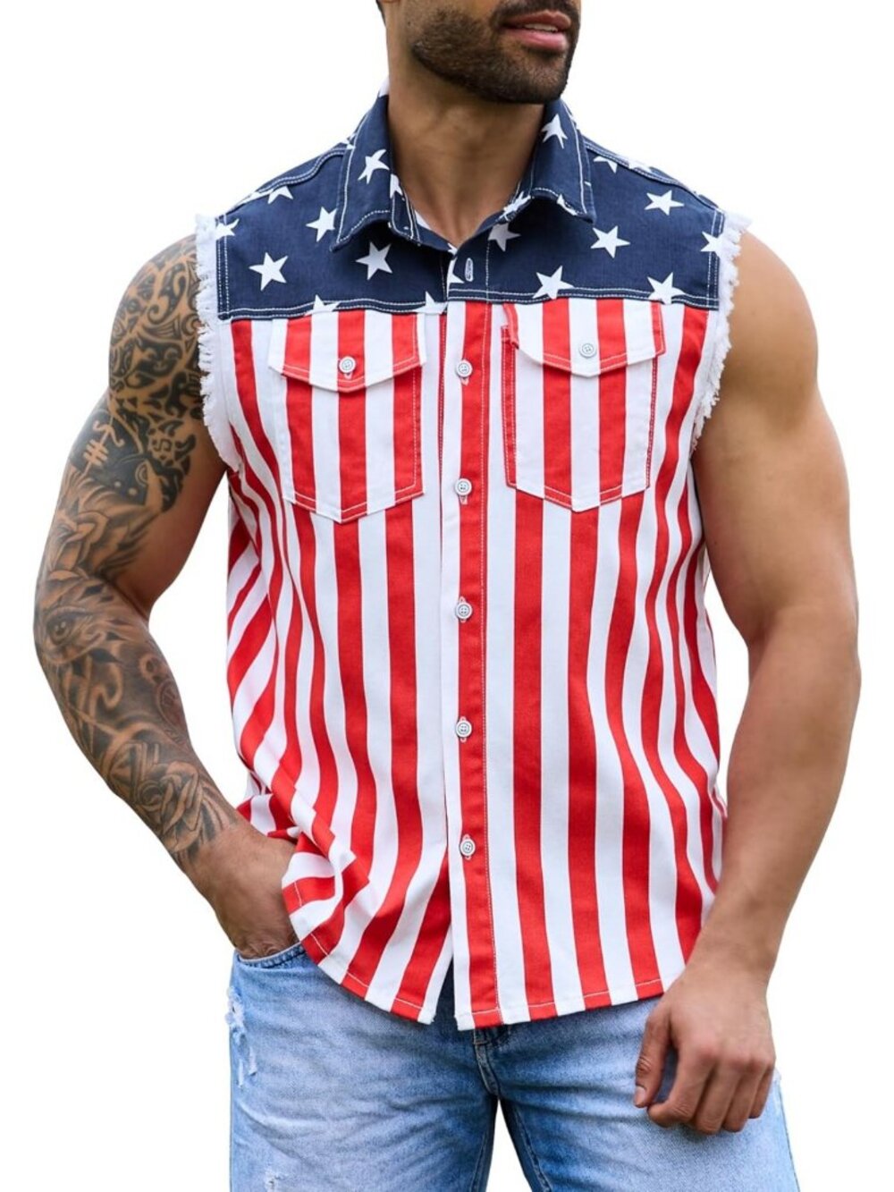 Men's Retro American Flag Denim Vest - Stretch Sleeveless Jean Shirt, Slim Fit